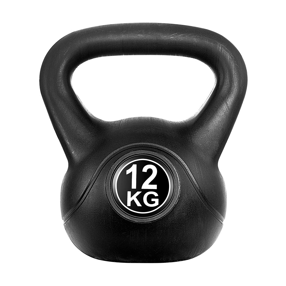 Black 12kg Everfit kettlebell and dumbbells set with weight lifting bench for home gym workouts, from Online Fitness Depot.
