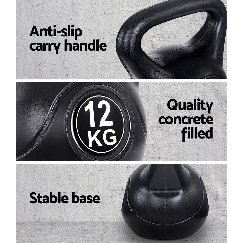 Black Everfit 12kg kettlebell set with handle, suitable for weightlifting and home gym workouts.
