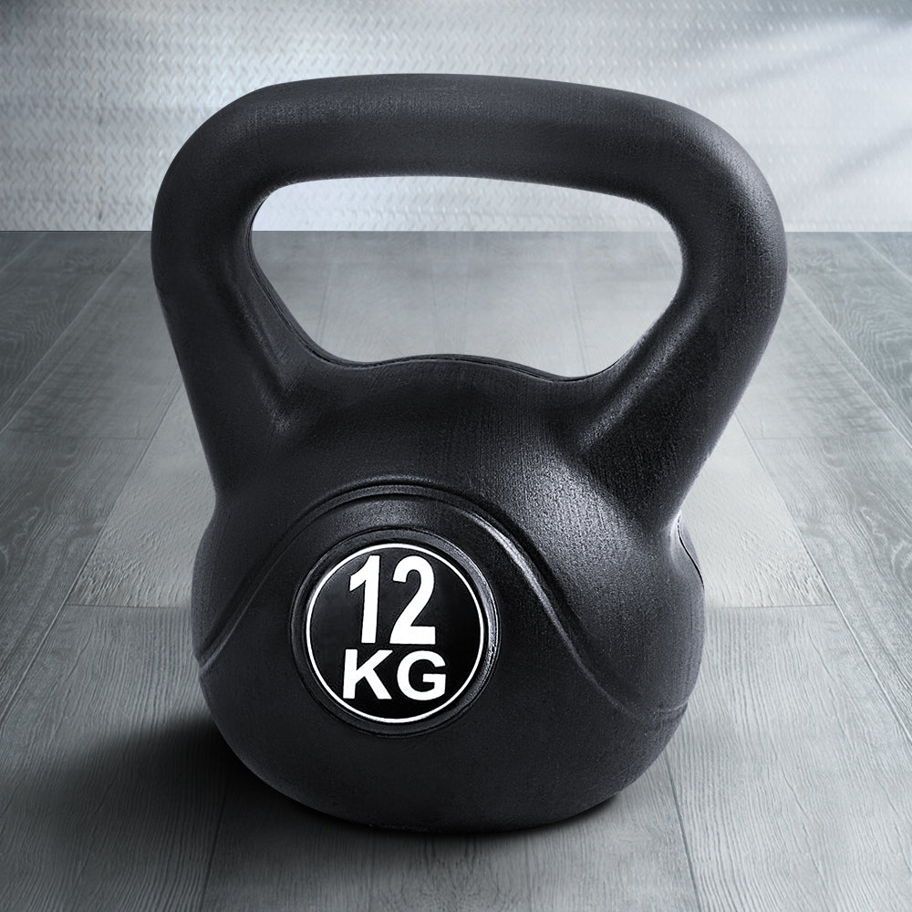 Black Everfit 12kg kettlebell set with dumbbells and weight lifting bench for gym and home fitness training.