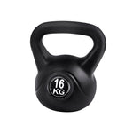 Black Everfit 16kg kettlebell set with weight lifting bench and dumbbells for home gym fitness training.