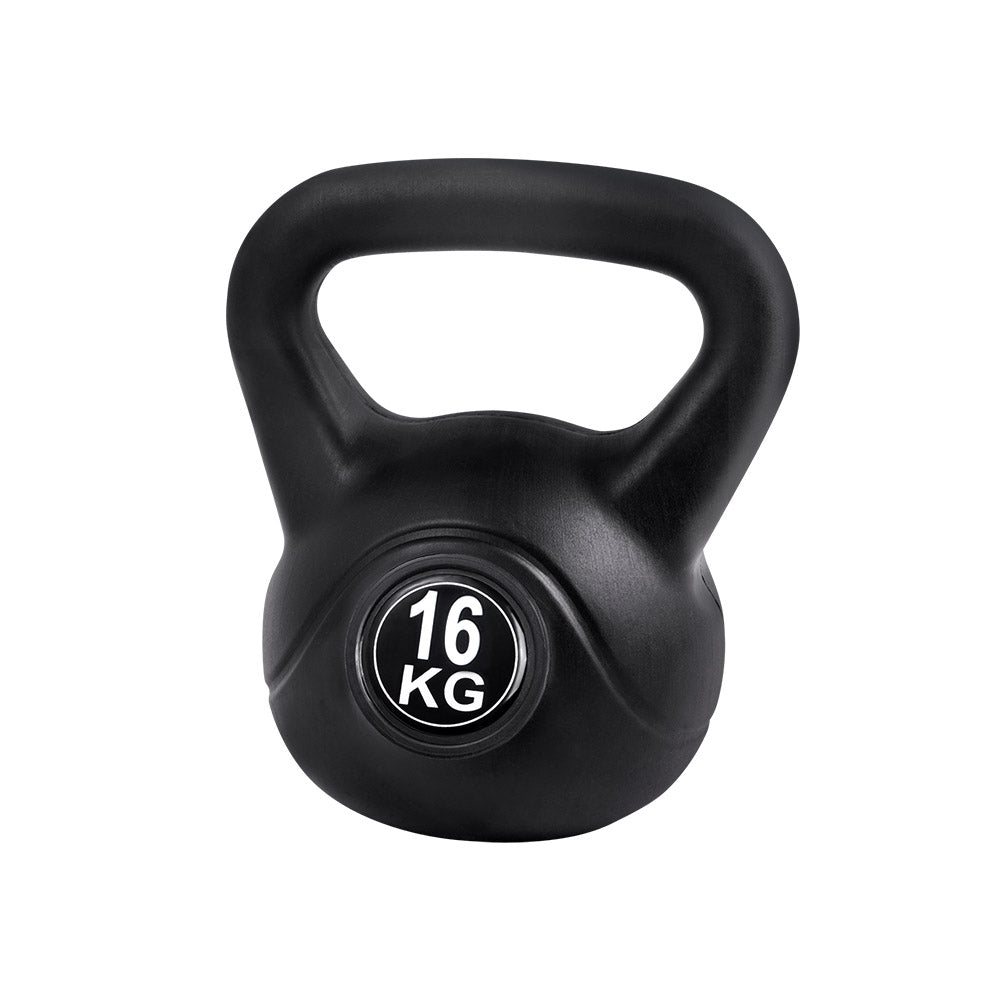 Black Everfit 16kg kettlebell set with weight lifting bench and dumbbells for home gym fitness training.