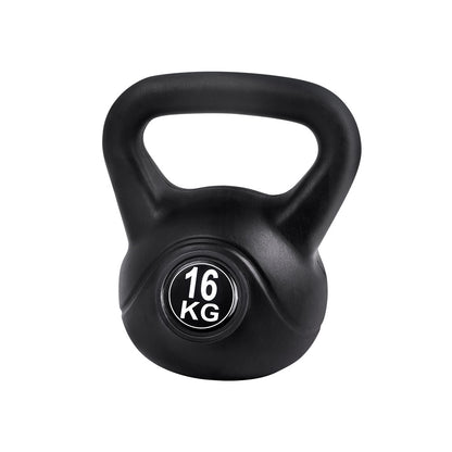 Black Everfit 16kg kettlebell set with weight lifting bench and dumbbells for home gym fitness training.