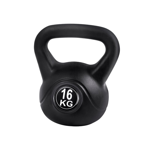 Black Everfit 16kg kettlebell set with weight lifting bench and dumbbells for home gym fitness training.