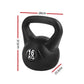 Black Everfit 16kg kettlebell set with matching dumbbells on a home gym bench, perfect for strength training and weight lifting.