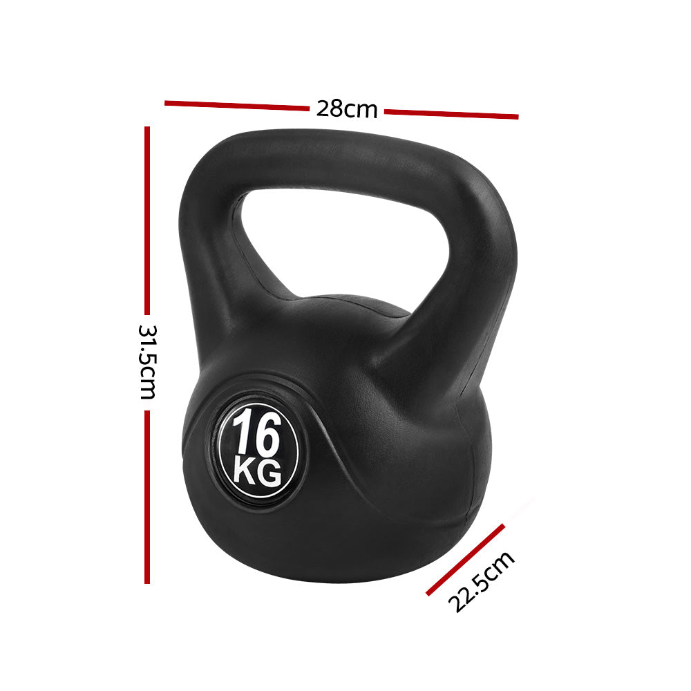 Black Everfit 16kg kettlebell set with matching dumbbells on a home gym bench, perfect for strength training and weight lifting.