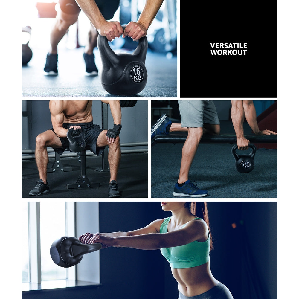 Black Everfit 16kg kettlebell set with dumbbells and weight lifting bench for home gym workouts.