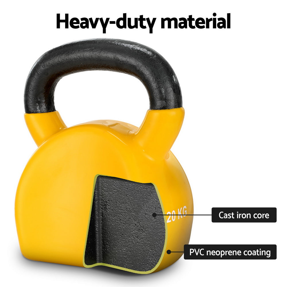 Online Fitness Depot Everfit 20kg kettlebell set with dumbbells and weightlifting bench for home gym workouts.