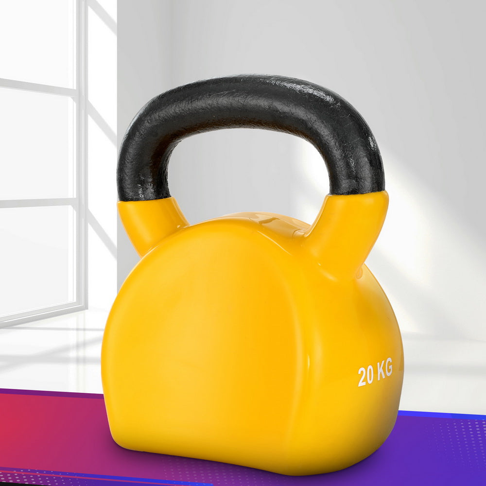 Everfit 20kg kettlebell set with dumbbells and weightlifting bench for home gym, perfect for strength training and fitness workouts.
