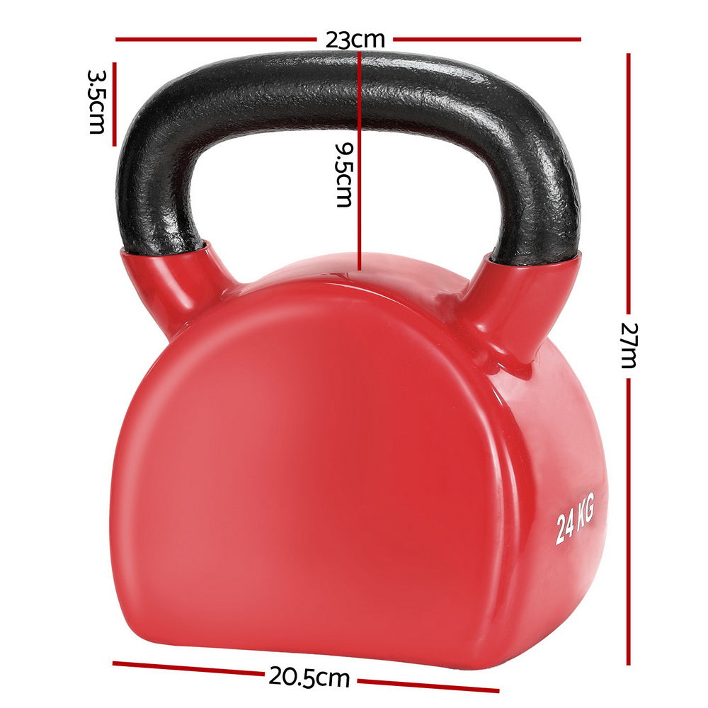 Red 24kg Everfit kettlebell for weightlifting and gym workouts, shown on a gym floor with other fitness equipment.