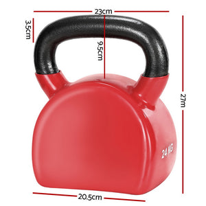 Red 24kg Everfit kettlebell for weightlifting and gym workouts, shown on a gym floor with other fitness equipment.