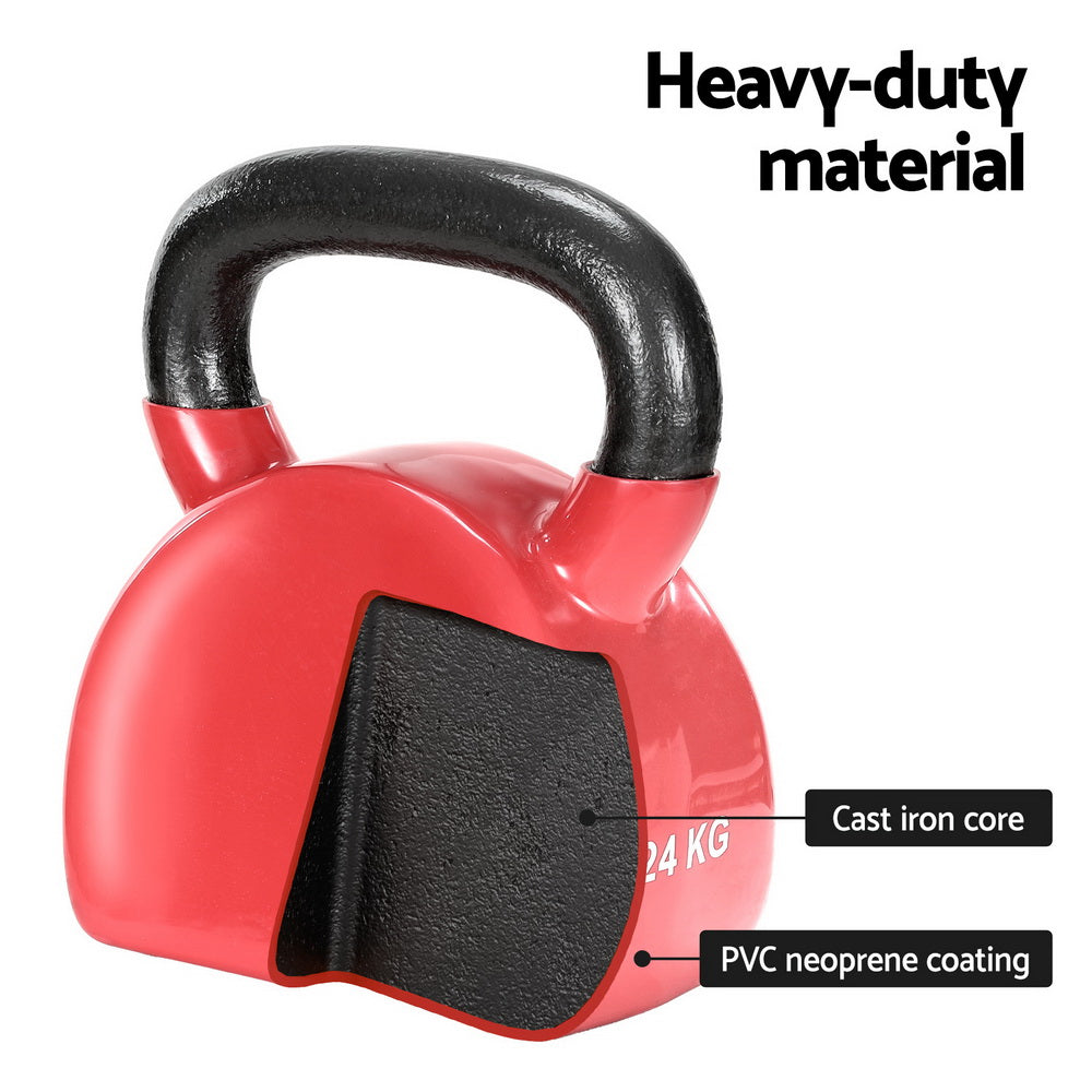 Red 24kg Everfit kettlebell for weightlifting and gym workouts, with a sturdy handle for strength training at home.