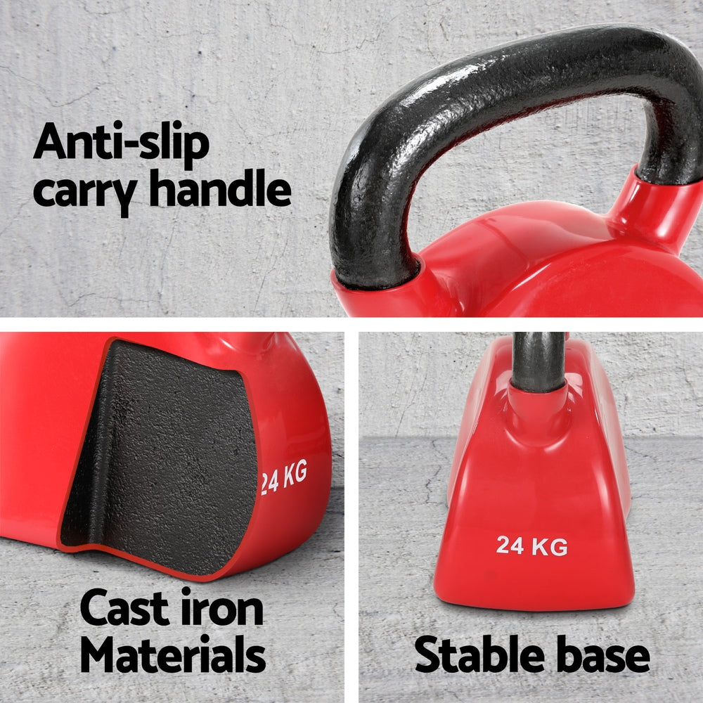 Red 24kg Everfit kettlebell with a handle, placed on a gym floor, ideal for weightlifting and strength training at home.