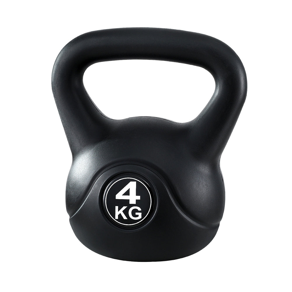 Black 4kg Everfit kettlebell set with dumbbells and weight lifting bench for home gym and strength training exercises.