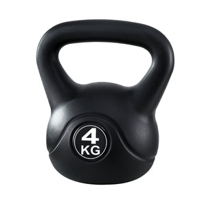 Black 4kg Everfit kettlebell set with dumbbells and weight lifting bench for home gym and strength training exercises.