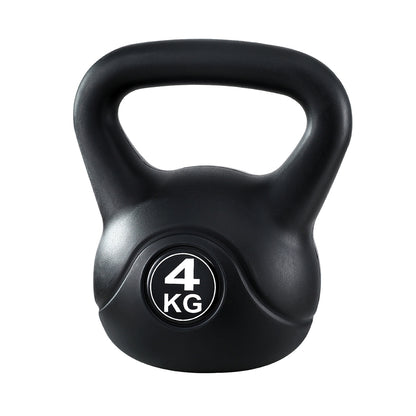 Black 4kg Everfit kettlebell set with dumbbells and weight lifting bench for home gym and strength training exercises.