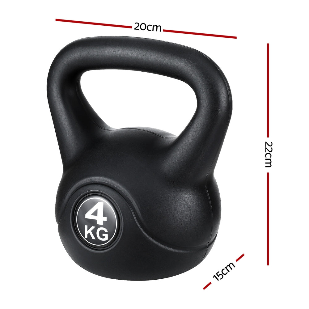 Black Everfit 4kg kettlebell set with matching dumbbells and weight lifting bench for home gym workouts.