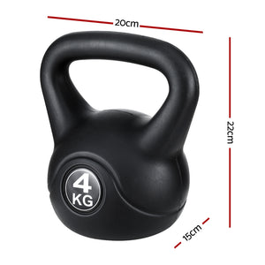 Black Everfit 4kg kettlebell set with matching dumbbells and weight lifting bench for home gym workouts.