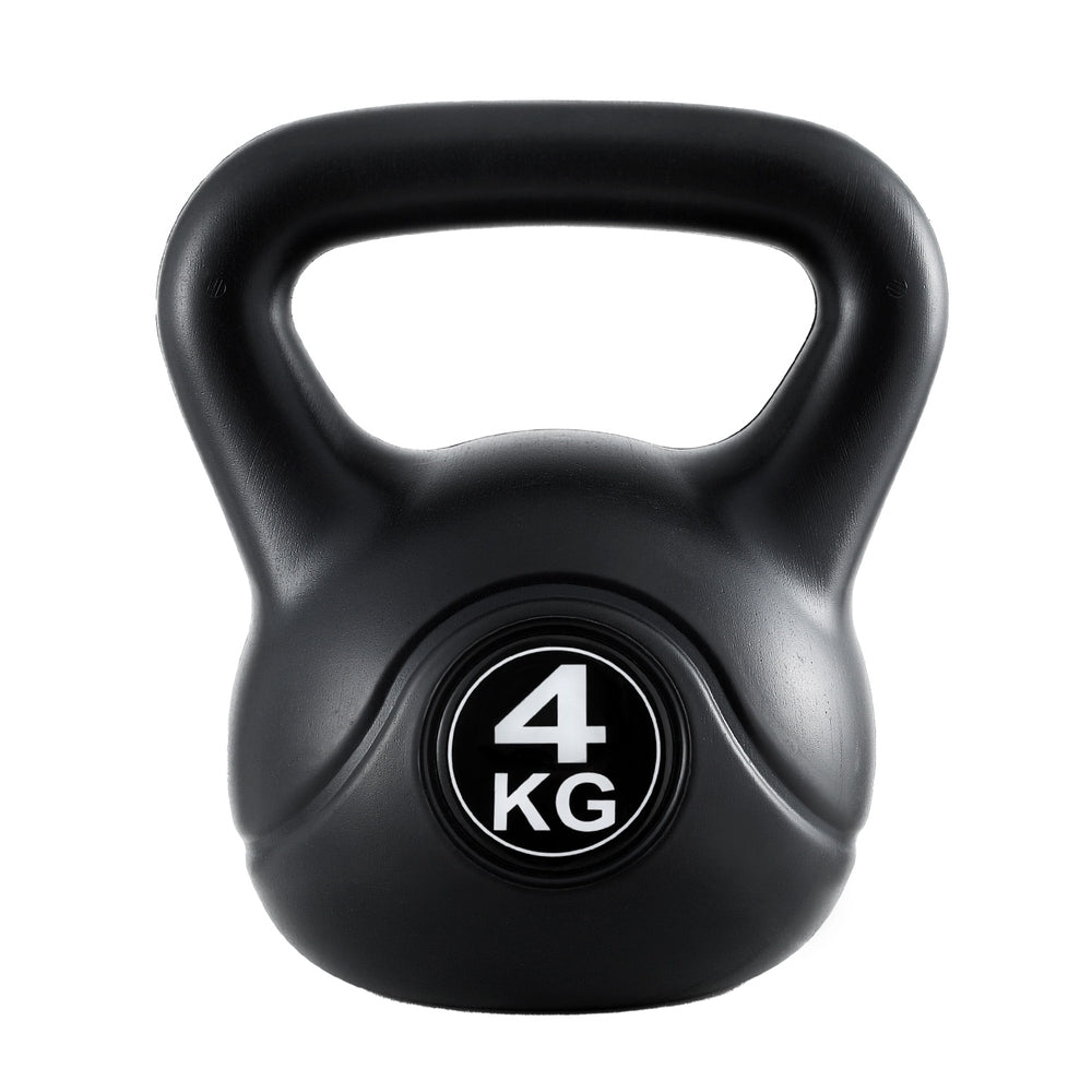 Black Everfit 4kg kettlebell and dumbbells set with a weight lifting bench for home gym workouts, ideal for strength training.