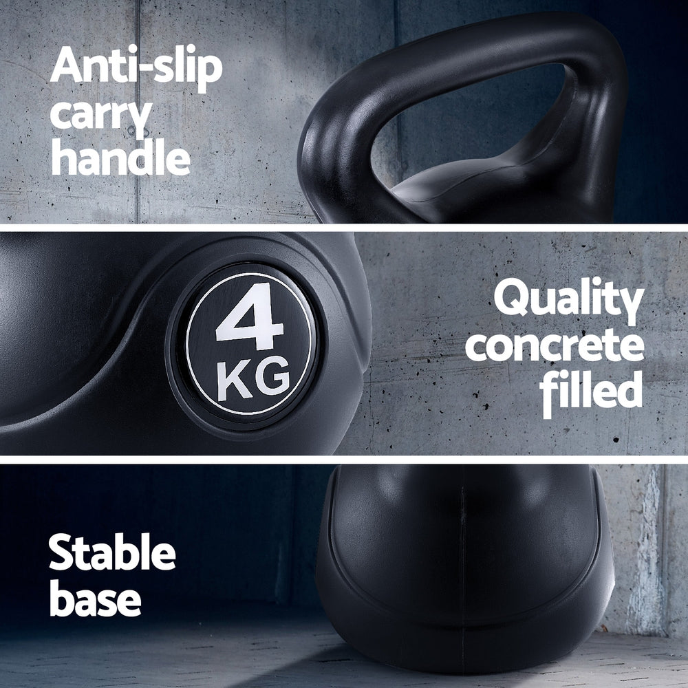Black Everfit 4kg kettlebell set with dumbbells for home gym, ideal for weight lifting and strength training exercises.