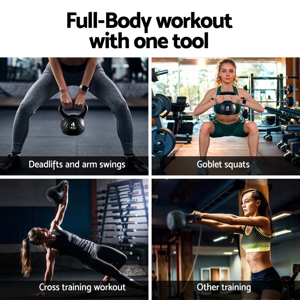 Black Everfit 4kg kettlebell and dumbbells set for home gym workout, includes weight lifting bench for strength training.