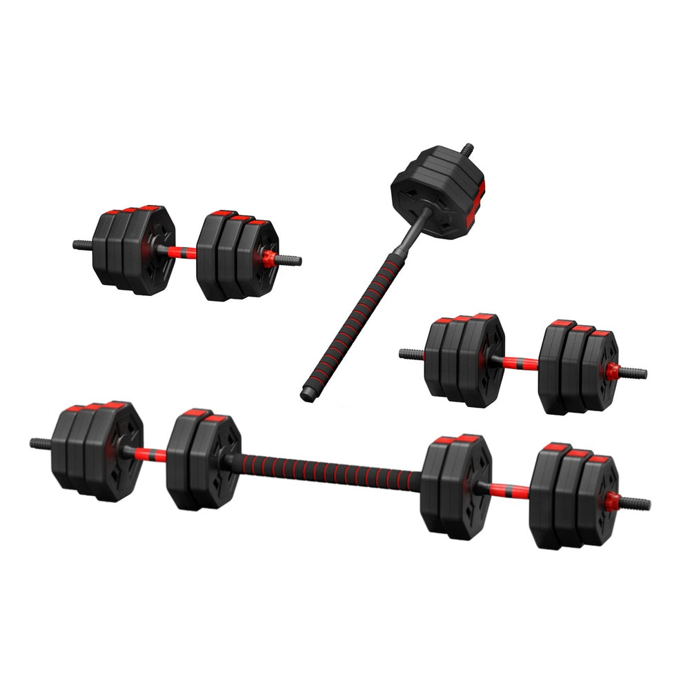 Everfit 40kg adjustable dumbbell barbell set with weight plates for home workout, featuring black and silver plates and bar.