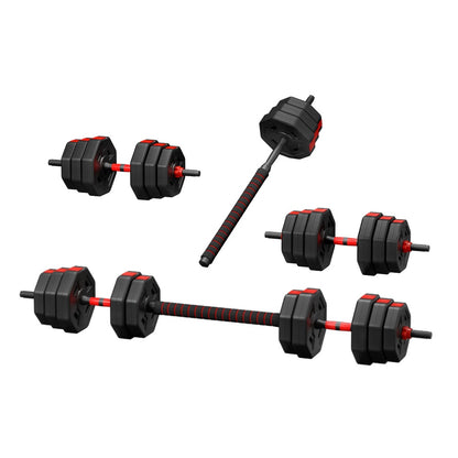 Everfit 40kg adjustable dumbbell barbell set with weight plates for home workout, featuring black and silver plates and bar.