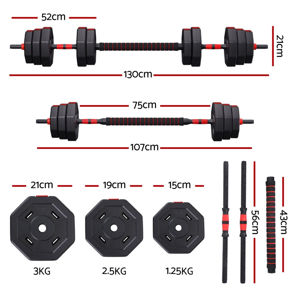 Everfit 40kg adjustable dumbbell barbell set with weight plates, suitable for home workouts and strength training.