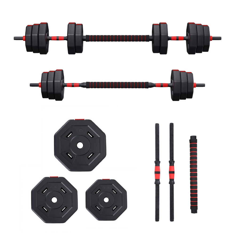 Everfit 40kg adjustable dumbbell and barbell set with weight plates for home workout, fitness, and strength training.