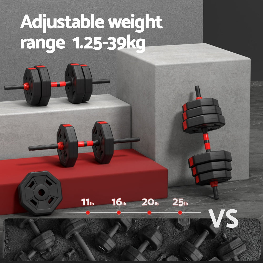 Everfit 40kg adjustable dumbbell barbell set with weight plates for home workout, featuring multiple plates and bar in a gym setting.