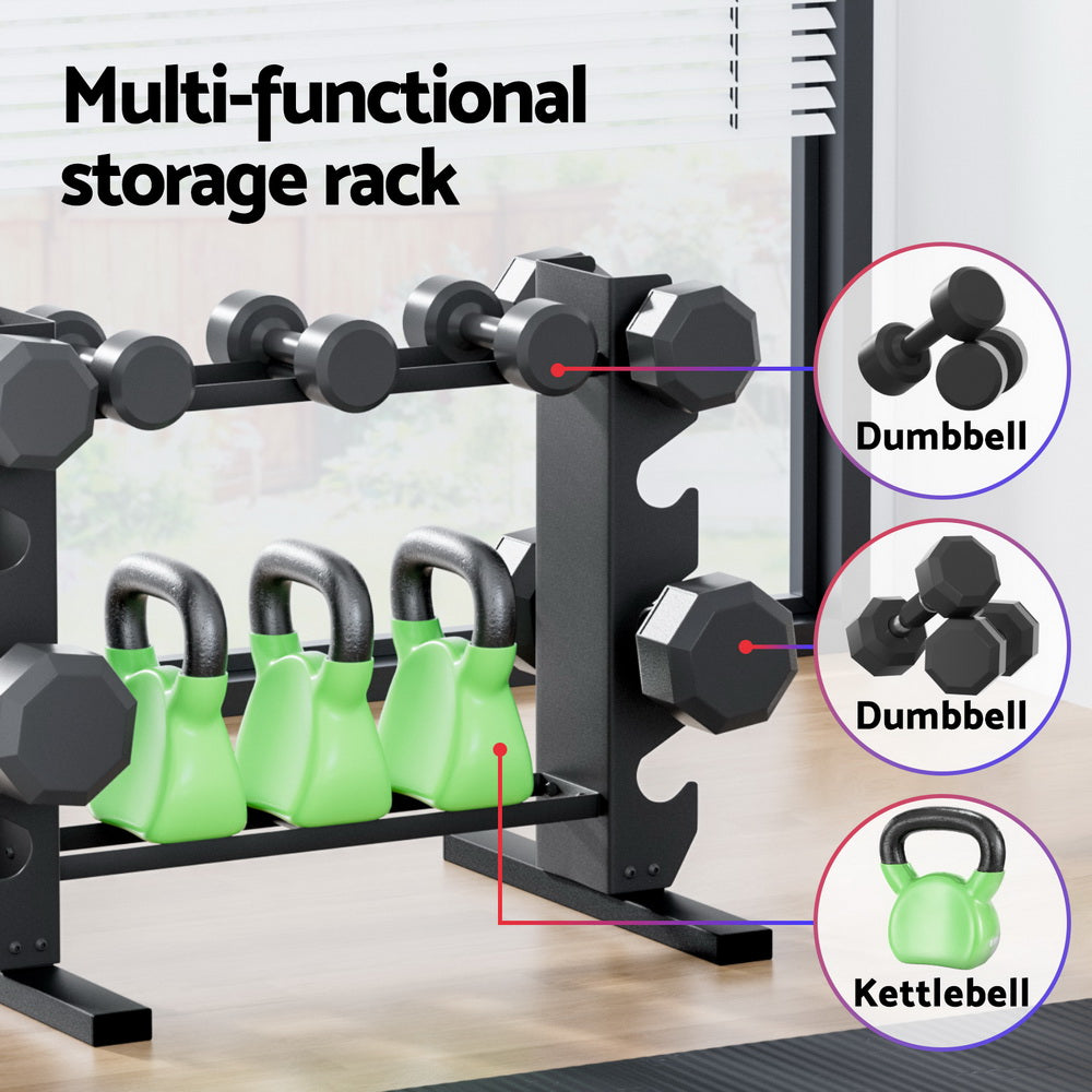 Online Fitness Depot Everfit dumbbells rack with storage for kettlebells and free weights, supporting up to 200kg capacity in a home gym setting.