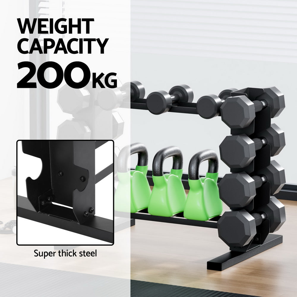 Everfit dumbbell and kettlebell rack from Online Fitness Depot, 200kg capacity, home gym storage for free weights and fitness equipment.