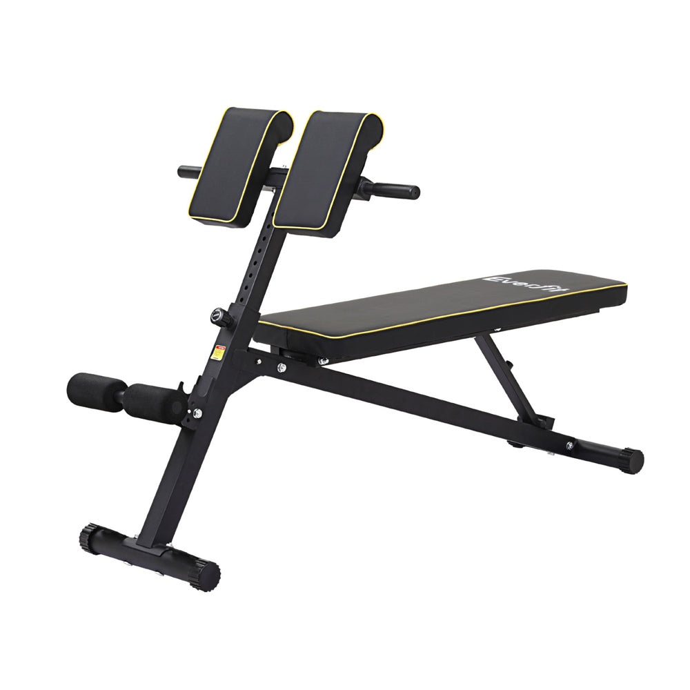 Everfit Roman chair adjustable weight bench for strength training and preacher curls, black with padded support.