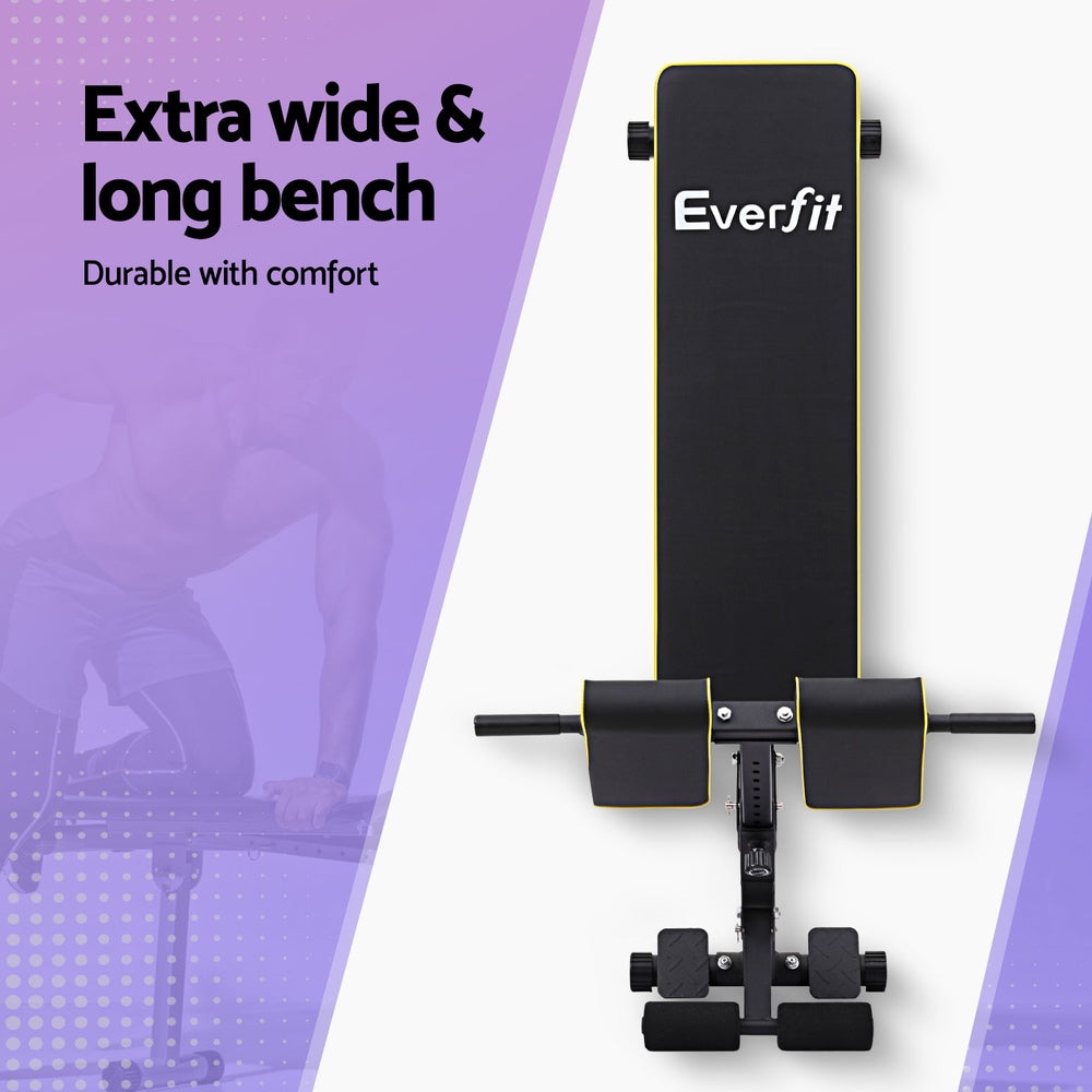 Everfit adjustable Roman chair and weight bench for strength training, preacher curls, and core exercises in a gym setting.