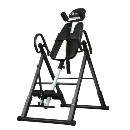 Everfit inversion table in grey for back stretching and gravity exercise, designed for home gym fitness routines.