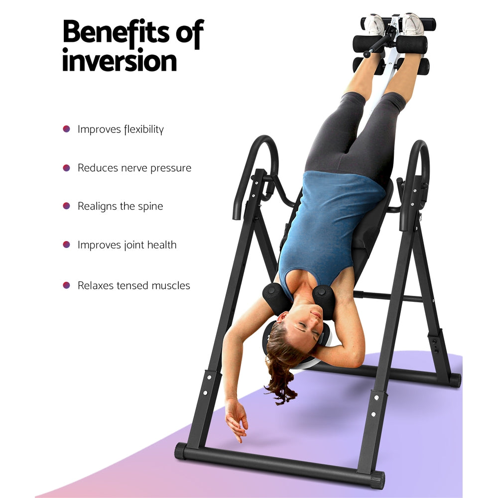 Everfit inversion table in grey for back stretching and inversion exercises, designed for home gym fitness routines.