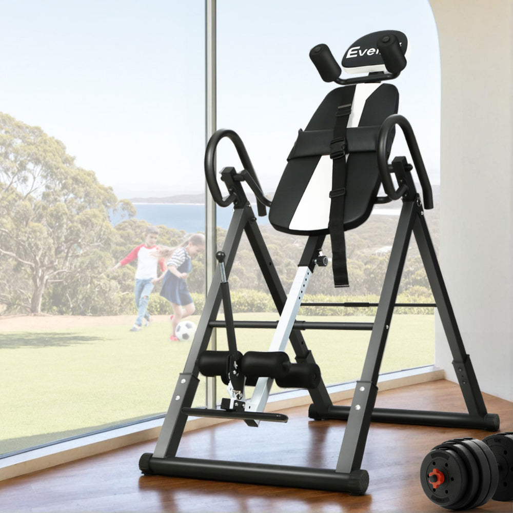 Everfit inversion table in grey for back stretching and gravity exercises, folding design with padded support for home gym use