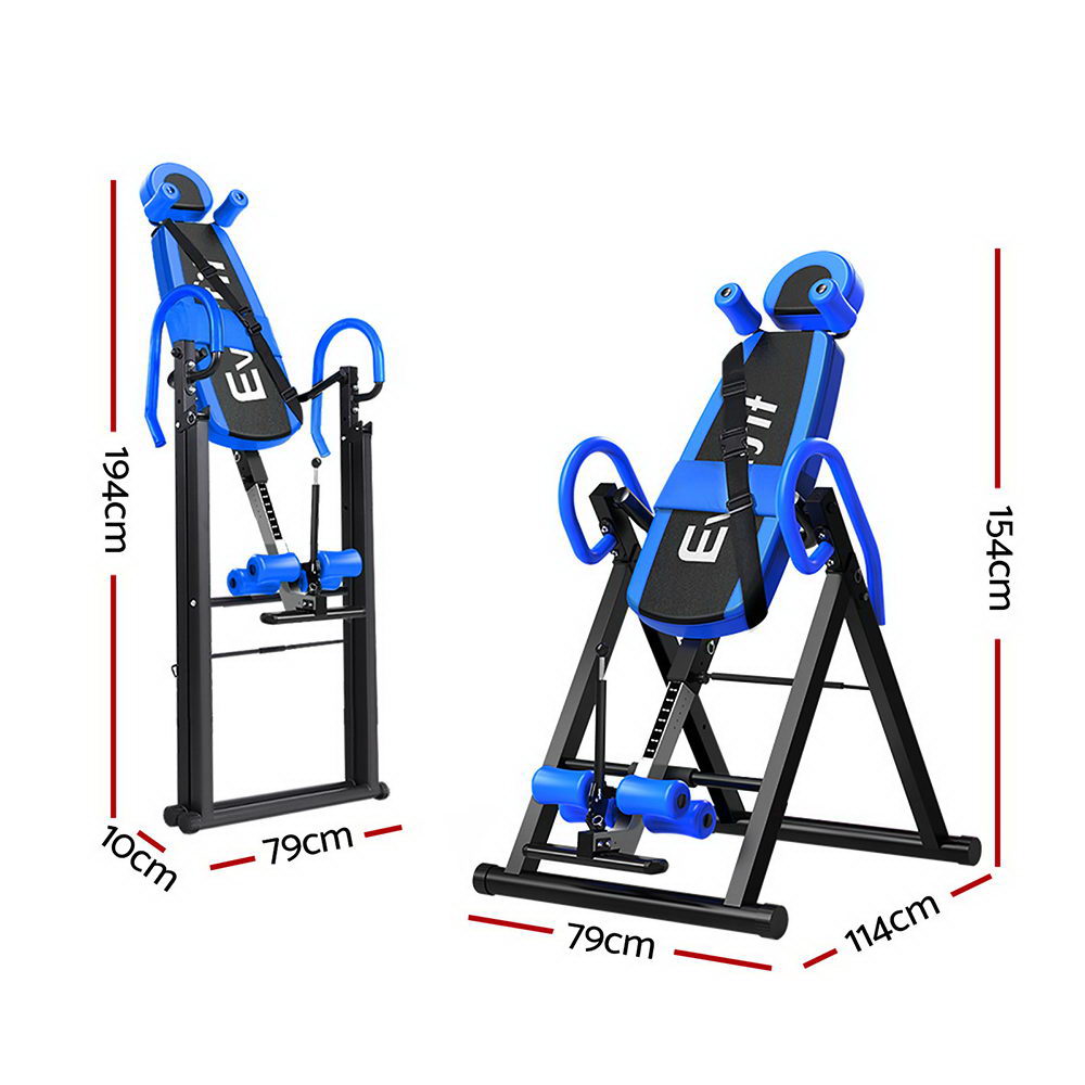 Blue Everfit Inversion Table for back stretching, featuring a sturdy frame and padded support, ideal for home gym fitness routines.