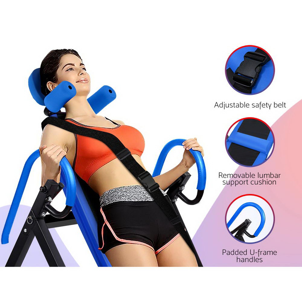 Blue Everfit inversion table for back stretching and gravity exercises, designed for home gym fitness and inversion therapy.