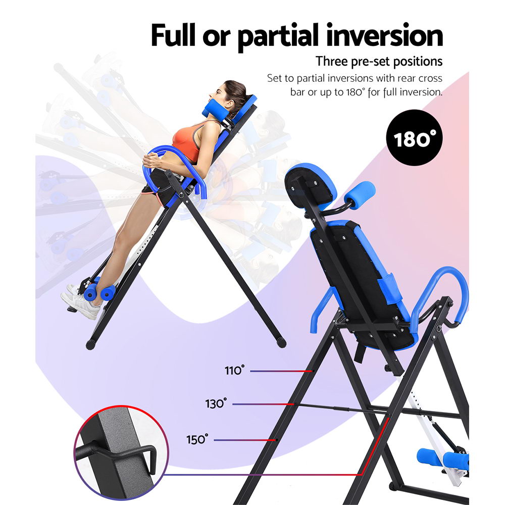 Blue Everfit Inversion Table for back stretching and exercise, suitable for home gym use, featuring sturdy frame and adjustable incline.