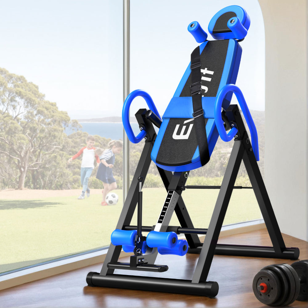 Blue Everfit Inversion Table for back stretching and gravity exercises, suitable for home gym use, by Online Fitness Depot.