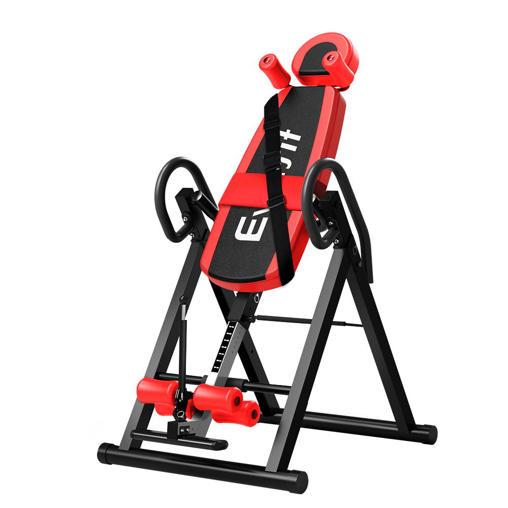 Everfit inversion table in red for back stretching and gravity exercise, with padded supports and sturdy frame, ideal for home gym use.