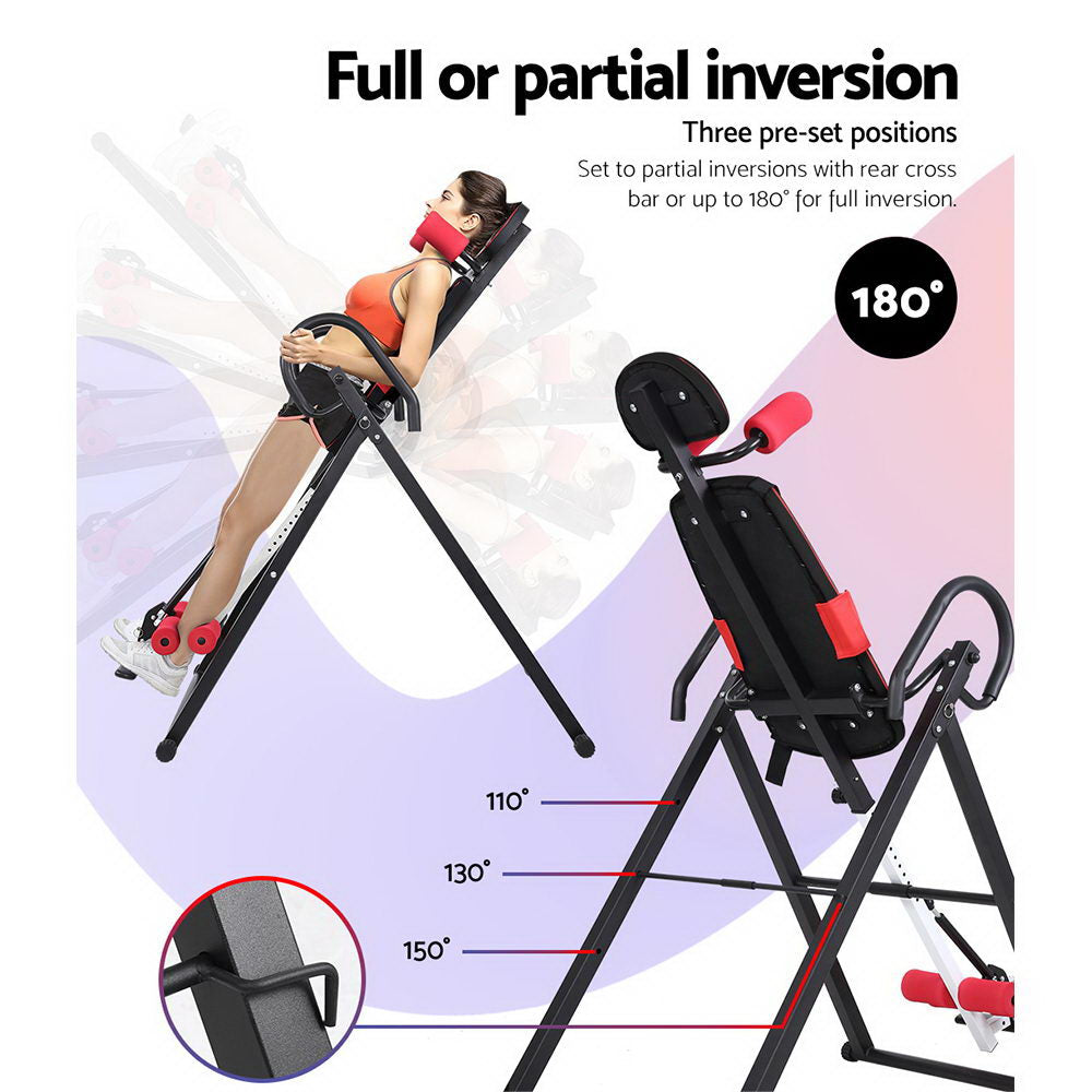 Everfit inversion table in black for back stretching and exercise, featuring a sturdy frame and padded support for home gym workouts.