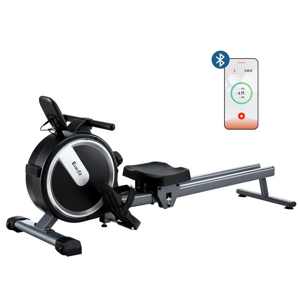 Black Everfit 16-level magnetic rowing machine with digital display, designed for home fitness and app connectivity.