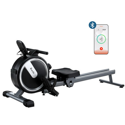 Black Everfit 16-level magnetic rowing machine with digital display, designed for home fitness and app connectivity.