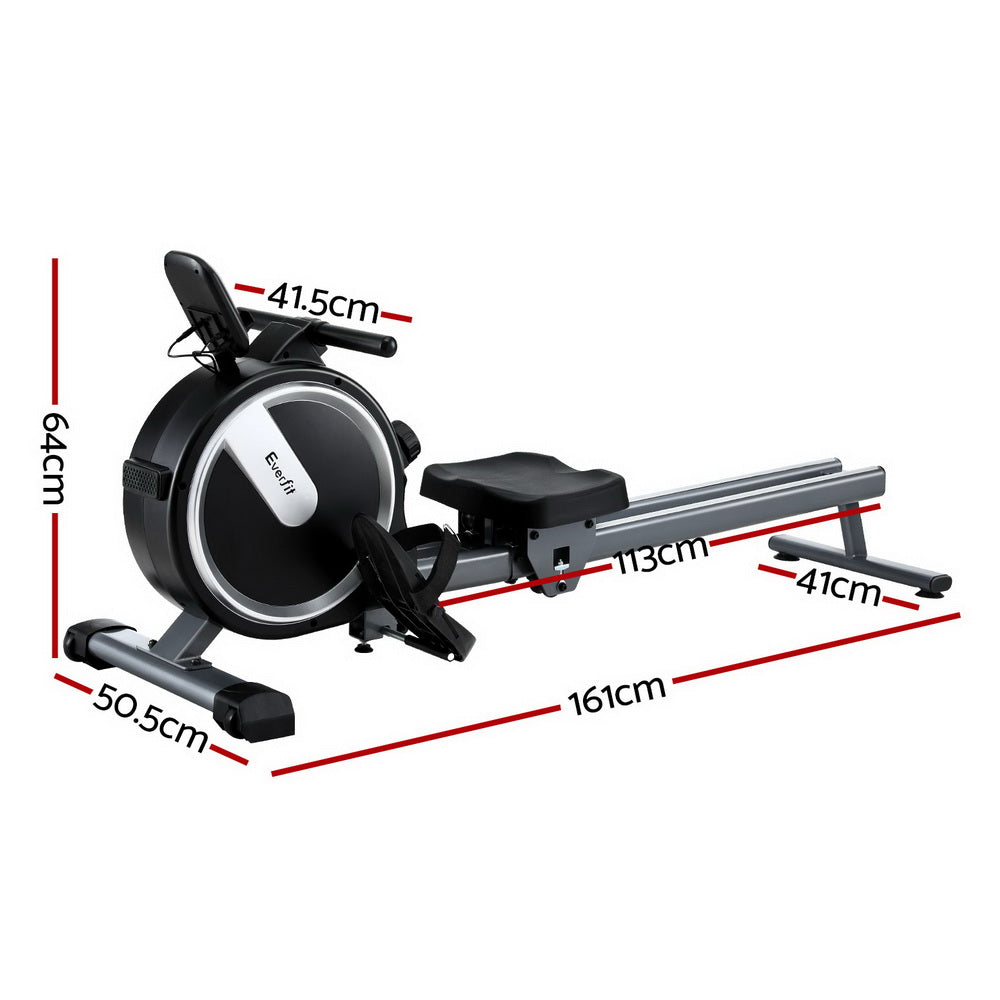Everfit 16 Level Magnetic Rowing Machine in black with digital display and app connectivity for home fitness workouts.