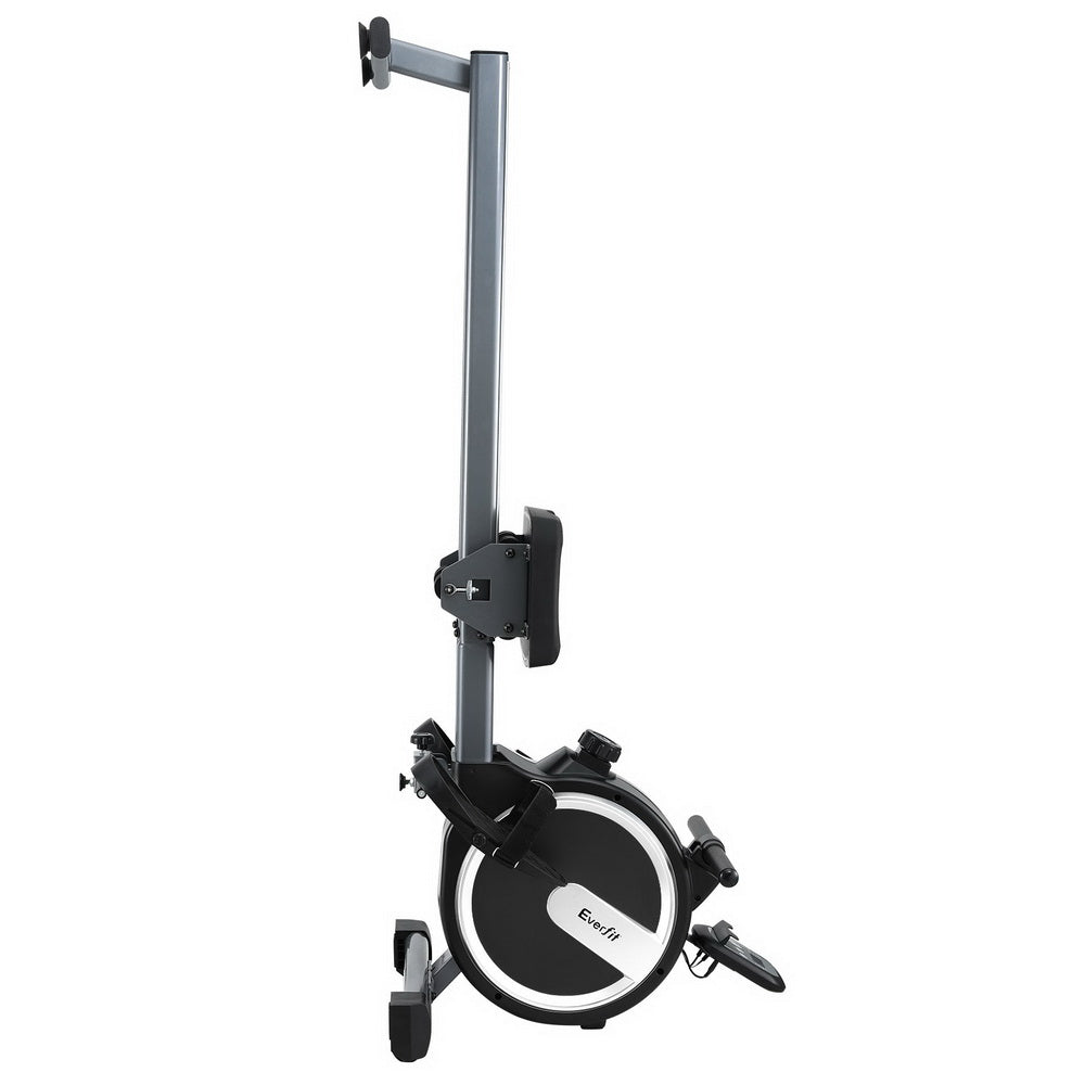 Black Everfit 16-level magnetic rowing machine with digital display and app connectivity for home workouts.