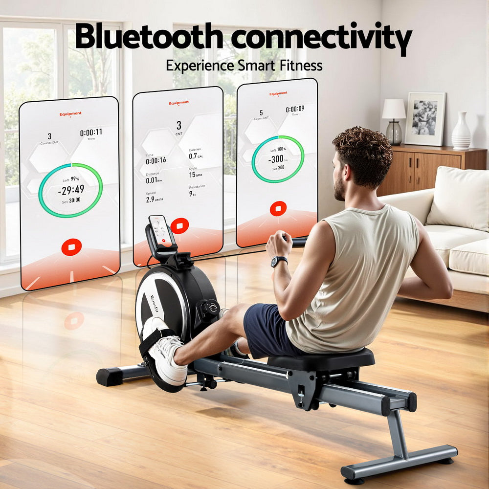 Everfit 16-level magnetic rowing machine in black with digital display, designed for home fitness and app connectivity.