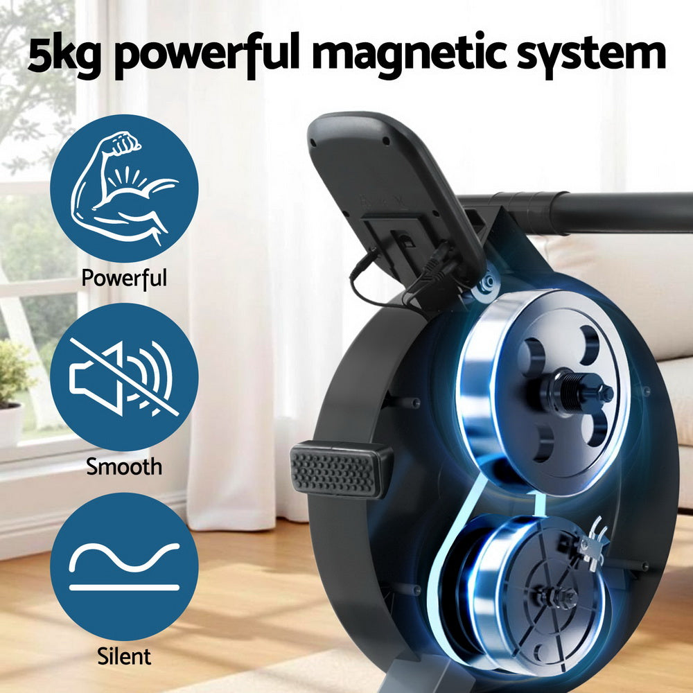 Everfit 16 Level Magnetic Rowing Machine in black with digital display, used for home exercise and fitness workouts