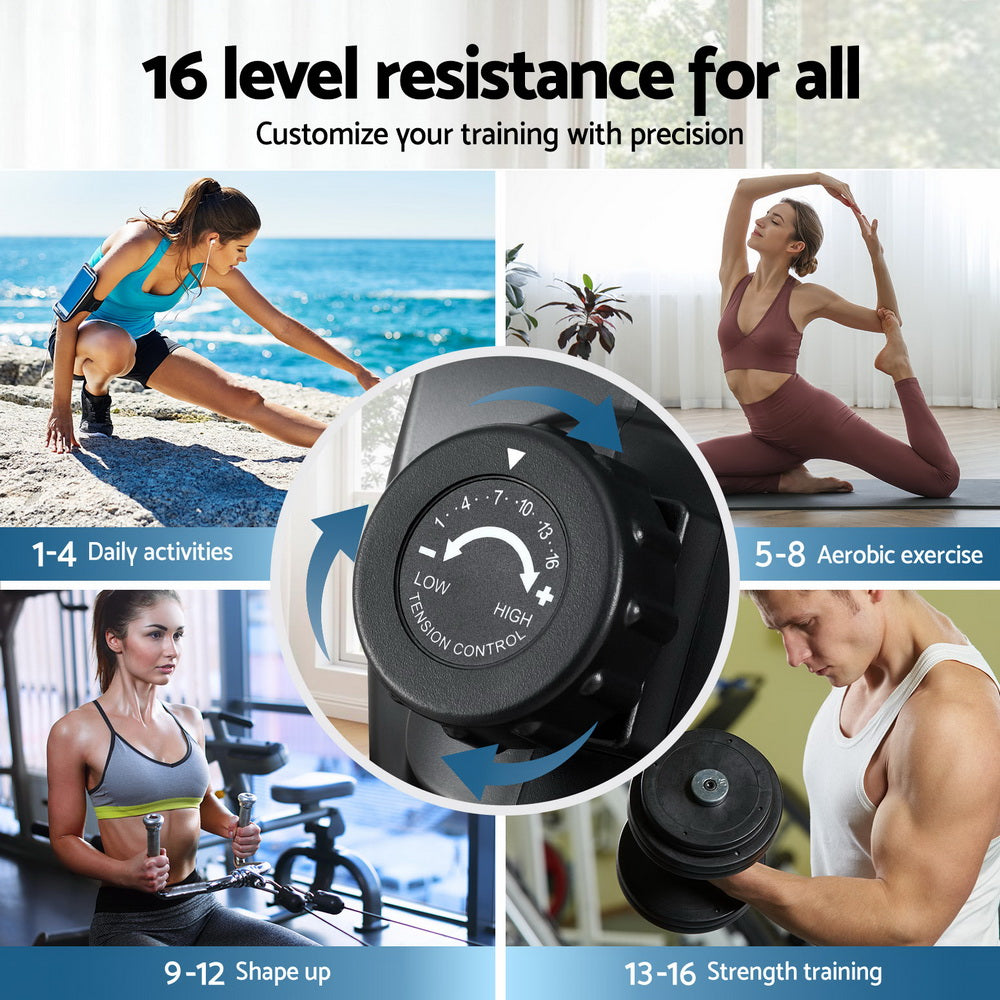Everfit 16-level magnetic rowing machine in black with digital display for home gym workouts, from Online Fitness Depot.