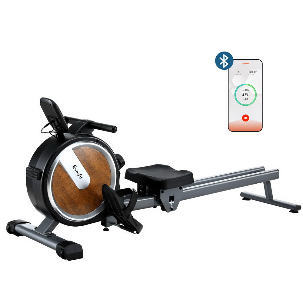 Everfit 16-level magnetic rowing machine with walnut finish, digital display, and app connectivity for home gym workouts.